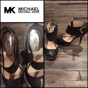 Michael Kors black platform Heidi reptile faux pattern heels open toe Si…